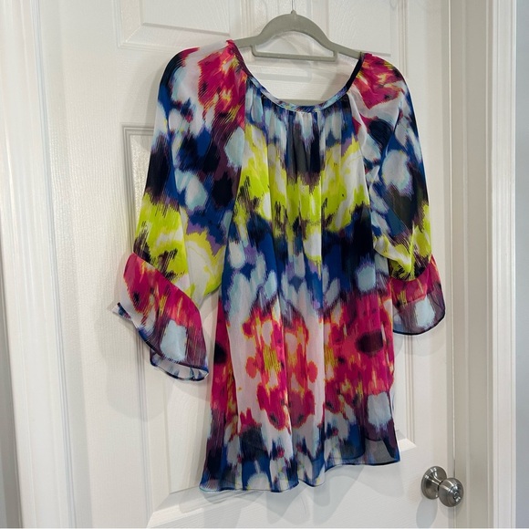 Milly Sheer Colorful Tie Dye Watercolor Blouse Sz XL Peasant Boho Flounce Ties - Picture 7 of 10
